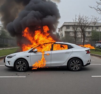 Pożar samochodu elektrycznego wygenerowane przez AI